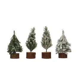 Faux Pine Tree with Wood Slice Base, Snow Finish, 4 Styles
