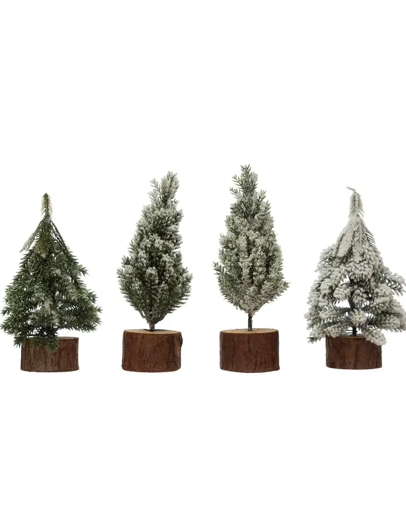 Faux Pine Tree with Wood Slice Base, Snow Finish, 4 Styles