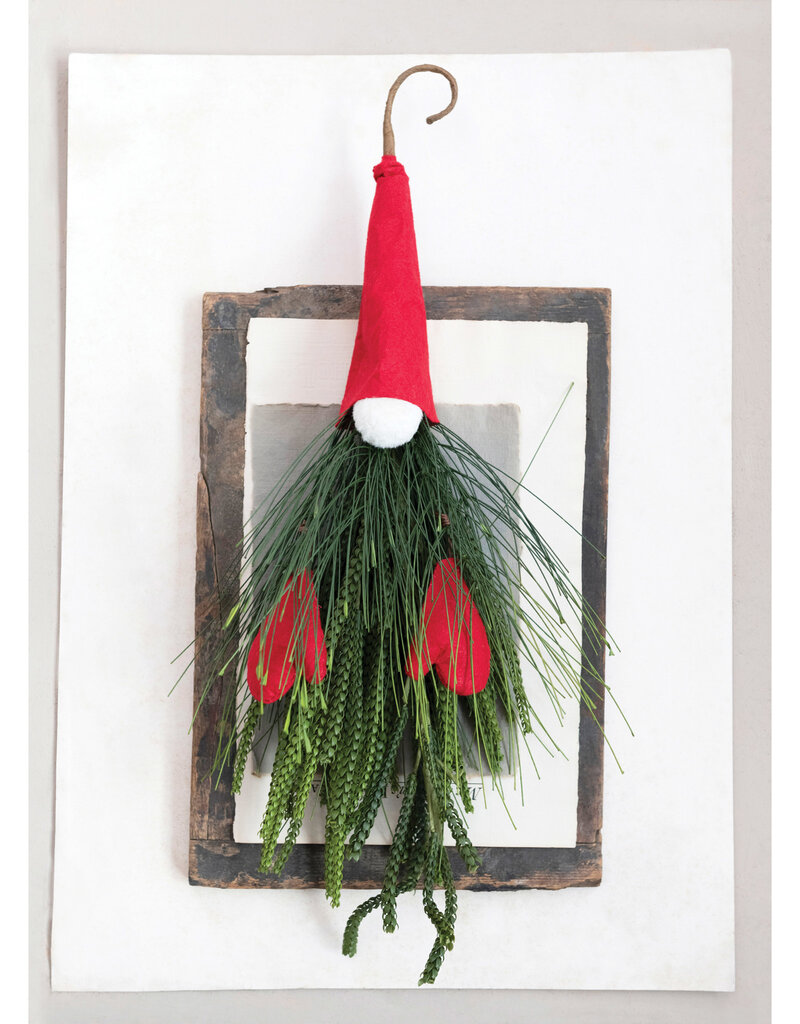 Faux Pine and Fabric Gnome Wall Hanging, Red 10"W x 21"H