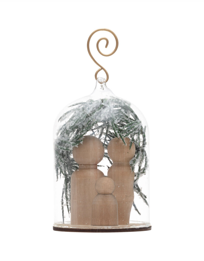 Glass Cloche Ornament with Holy Family, Faux Pine and Snow  4-1/4"H