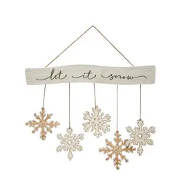 Fir Wood Snowflake Wall Hanging "Let It Snow", White & Natural