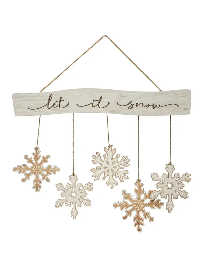 Fir Wood Snowflake Wall Hanging "Let It Snow", White & Natural