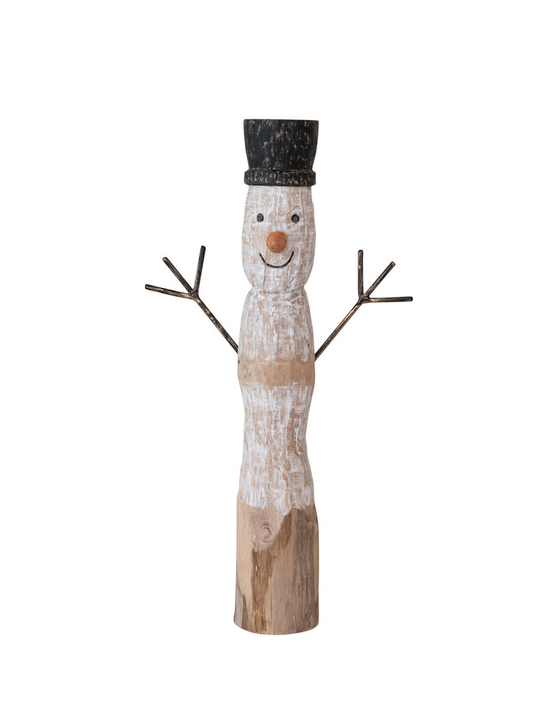 Hand-Carved Mango Wood & Metal Snowman, Black, White & Natural