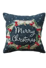 12" Square Cotton Printed Pillow w/ Wreath, Embroidery, Beads & Pom Poms