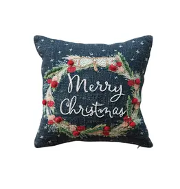 12" Square Cotton Printed Pillow w/ Wreath, Embroidery, Beads & Pom Poms