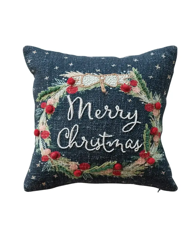 12" Square Cotton Printed Pillow w/ Wreath, Embroidery, Beads & Pom Poms