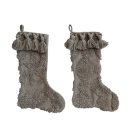 Cotton Slub Stocking w/ Tufting & Tassels, Grey, 2 Styles