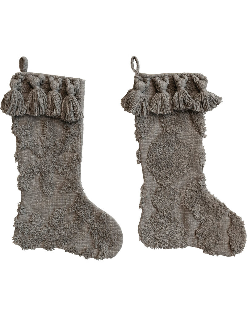 Cotton Slub Stocking w/ Tufting & Tassels, Grey, 2 Styles