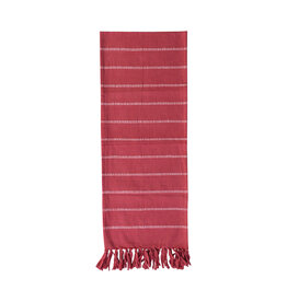 Brushed Cotton Flannel Table Runner w/ Stripes & Fringe, Red & White