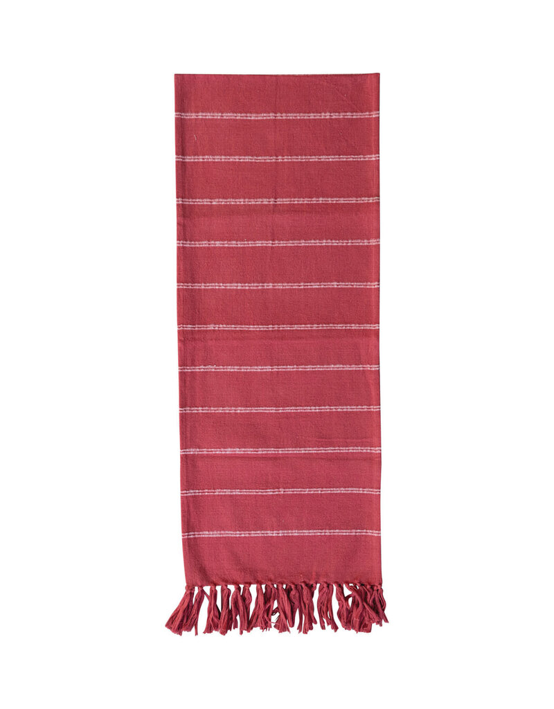 Brushed Cotton Flannel Table Runner w/ Stripes & Fringe, Red & White