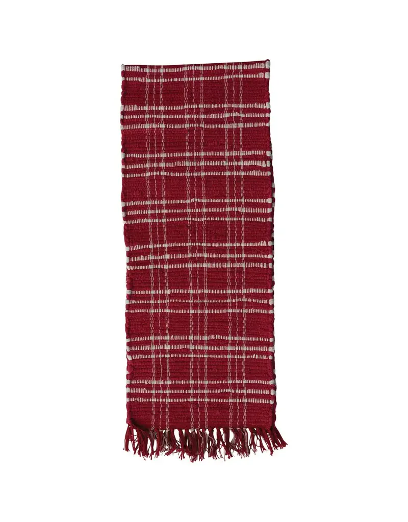 Hand-Woven Cotton Chindi Table Runner w/ Fringe, Red & White Plaid