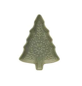 Stoneware Tree Shaped Plate, Matte Reactive Glaze, Green (Each One Will Vary)