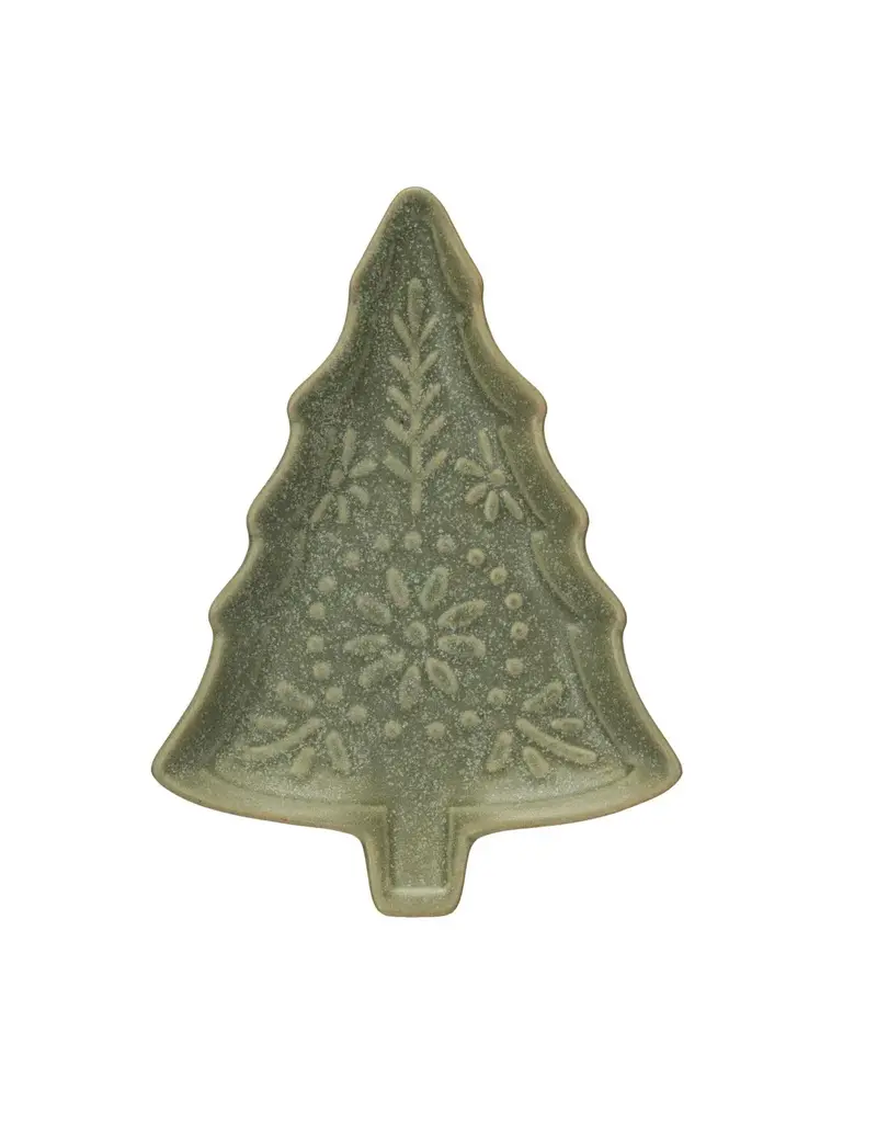 Stoneware Tree Shaped Plate, Matte Reactive Glaze, Green (Each One Will Vary)