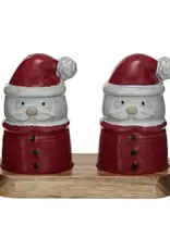 Stoneware Santa Shaped Salt & Pepper Shakers w/ Acacia Wood Tray, Set of 3