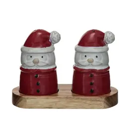 Stoneware Santa Shaped Salt & Pepper Shakers w/ Acacia Wood Tray, Set of 3