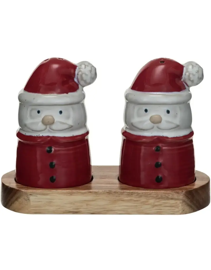 Stoneware Santa Shaped Salt & Pepper Shakers w/ Acacia Wood Tray, Set of 3