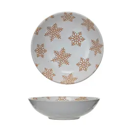 Stoneware Bowl w/ Wax Relief Snowflakes, Reactive Glaze, White (Each One Will Vary)