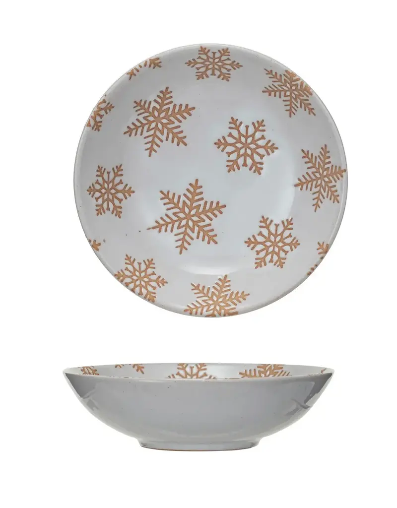 Stoneware Bowl w/ Wax Relief Snowflakes, Reactive Glaze, White (Each One Will Vary)