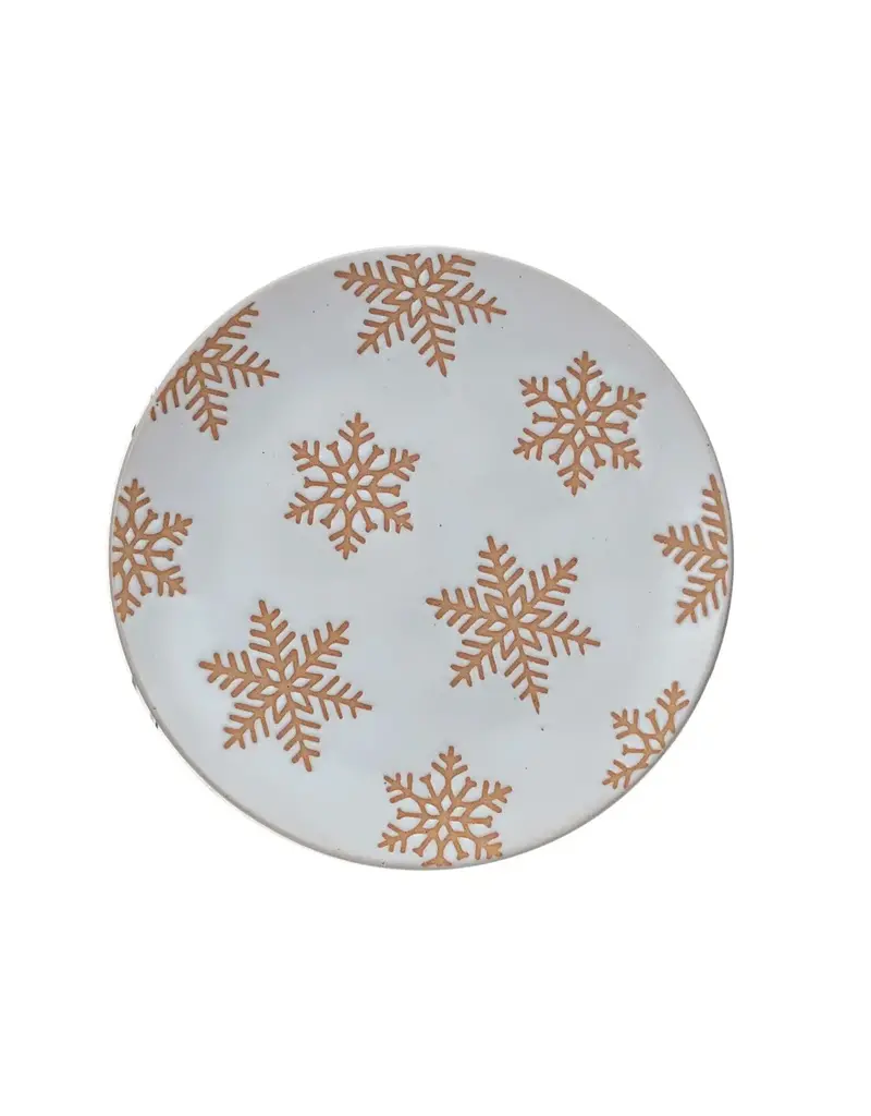 Stoneware Plate w/ Wax Relief Snowflakes, Reactive Glaze (Each One Will Vary)