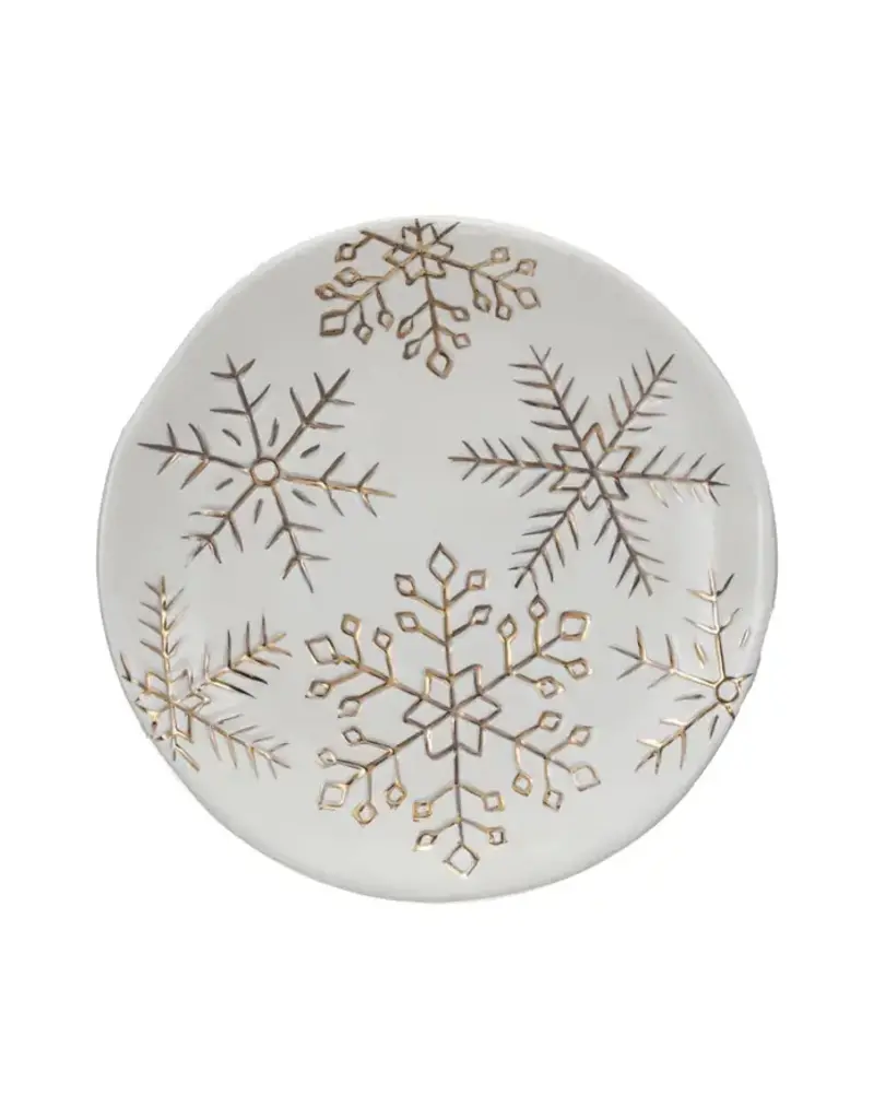 Stoneware Plate w/ Gold Electroplated Snowflakes, White