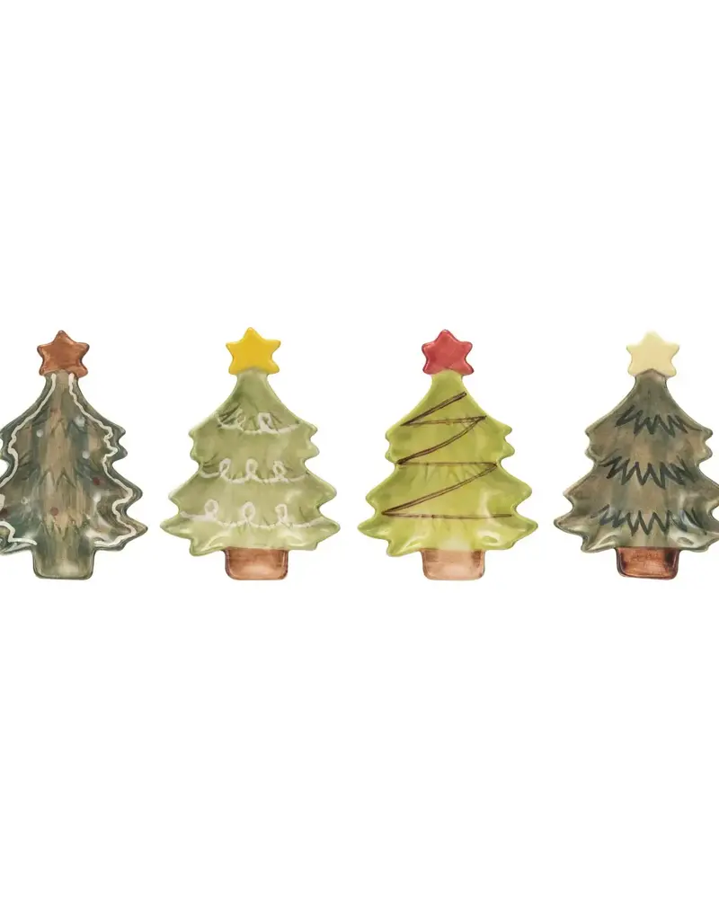 Hand-Painted Stoneware Christmas Tree Dish w/ Star, 4 Styles