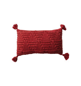 20"L x 12"H Woven Cotton Knit Lumbar Pillow w/ Tassels, Sandwashed Finish, Red