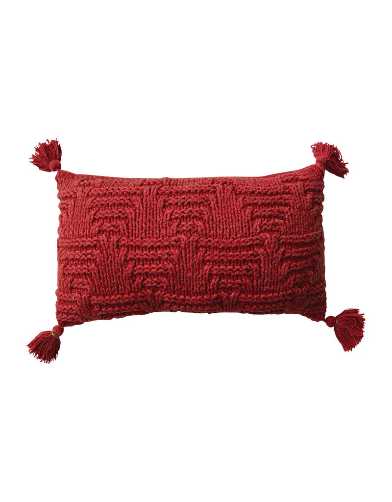 20"L x 12"H Woven Cotton Knit Lumbar Pillow w/ Tassels, Sandwashed Finish, Red