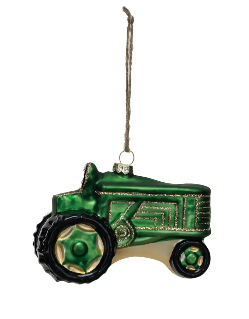 Hand-Painted Glass Tractor Ornament w/ Glitter, Green