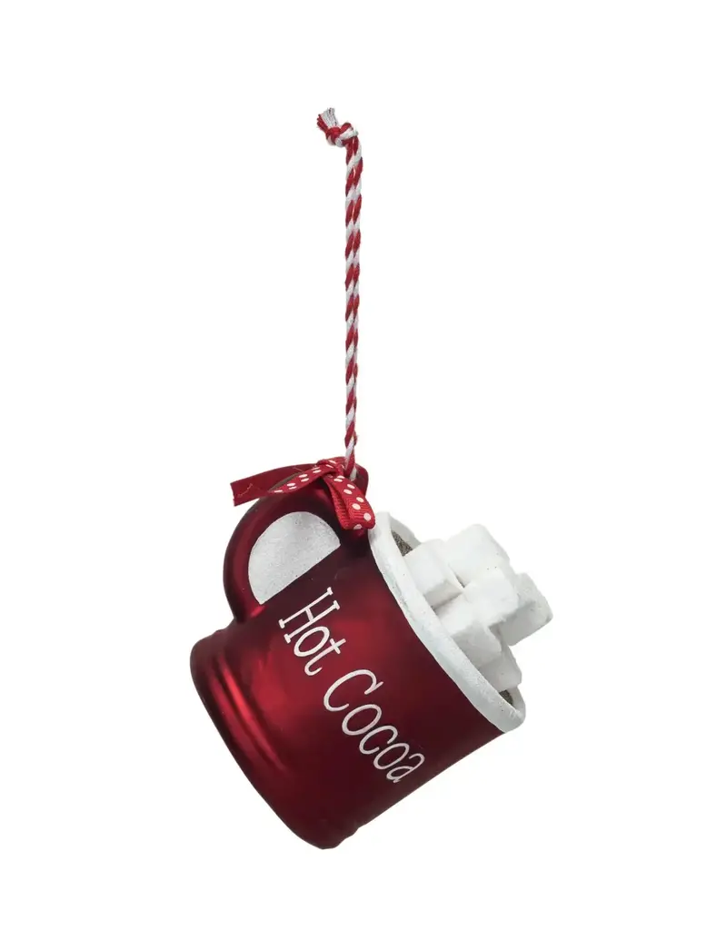 Glass Hot Cocoa Mug Ornament w/ Polka Dot Ribbon "Hot Cocoa", Red & White