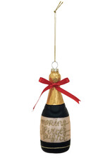 Glass Champagne Bottle Ornament w/ Red Bow & Glitter