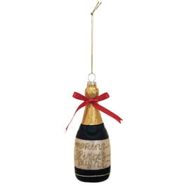 Glass Champagne Bottle Ornament w/ Red Bow & Glitter