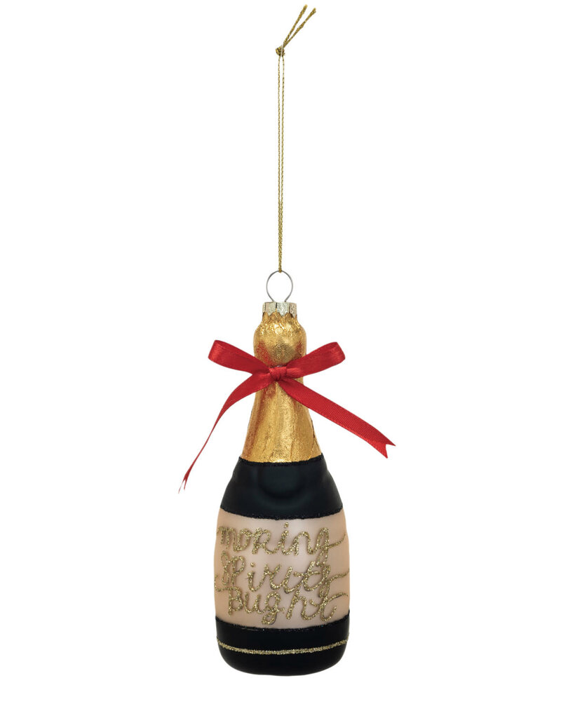 Glass Champagne Bottle Ornament w/ Red Bow & Glitter