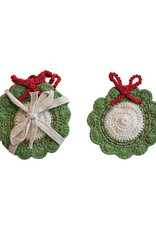 Cotton Crocheted Wreath Shaped Coasters, Green, Red & White, Set of 4