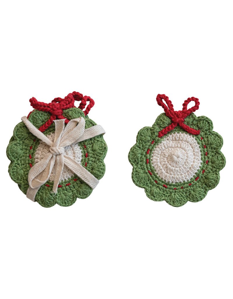 Cotton Crocheted Wreath Shaped Coasters, Green, Red & White, Set of 4