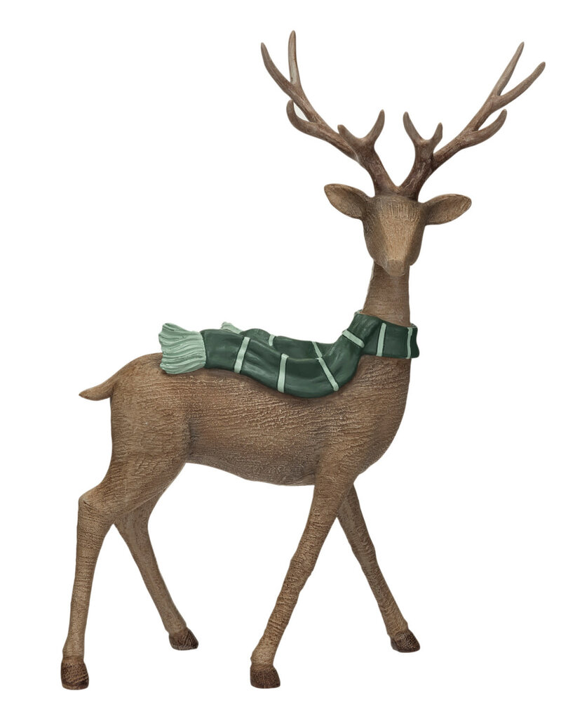 Resin Standing Deer w/ Scarf, Wood Finish, Brown & Green