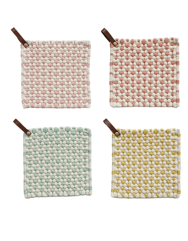 Cotton Crocheted Pot Holder w/ Leather Loop, 4 Styles