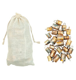 Metal Bells in Muslin Bag, Distressed Gold Finish, Set of 24