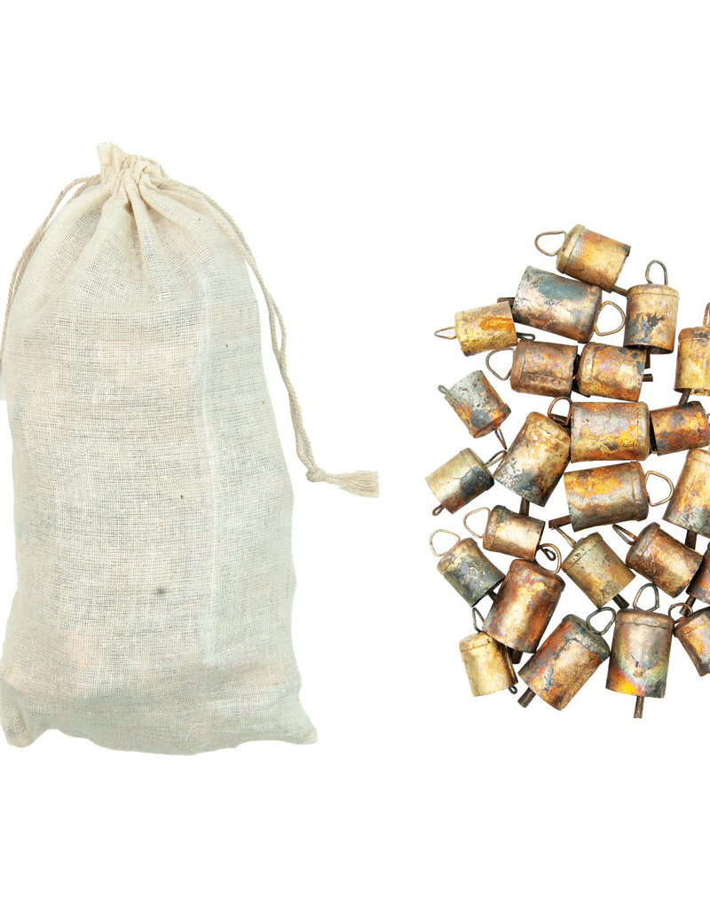 Metal Bells in Muslin Bag, Distressed Gold Finish, Set of 24