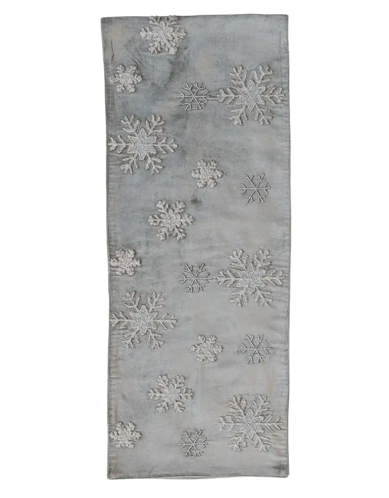 Cotton Blend Velvet Table Runner with Embroidered Snowflakes & Beads