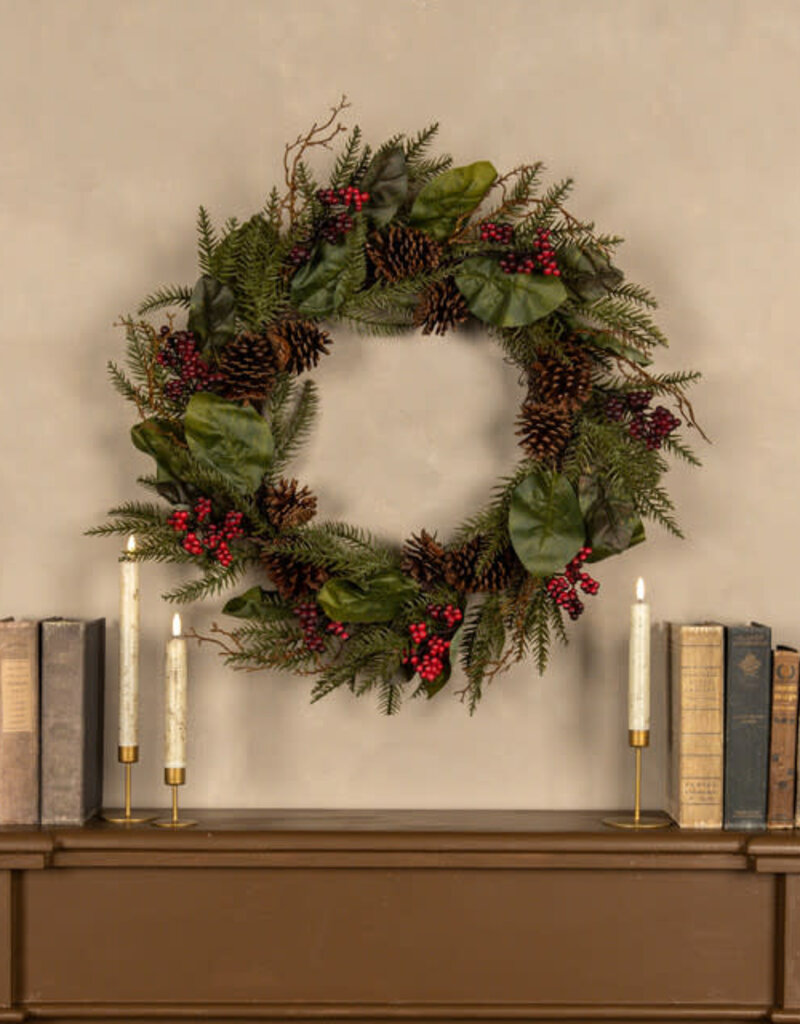 26" CEDAR & MAGNOLIA LEAF W/ RED BERRY WREATH