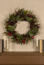 26" CEDAR & MAGNOLIA LEAF W/ RED BERRY WREATH