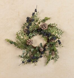 12" WINTER FOLIAGE & PINECONE CANDLE RING
