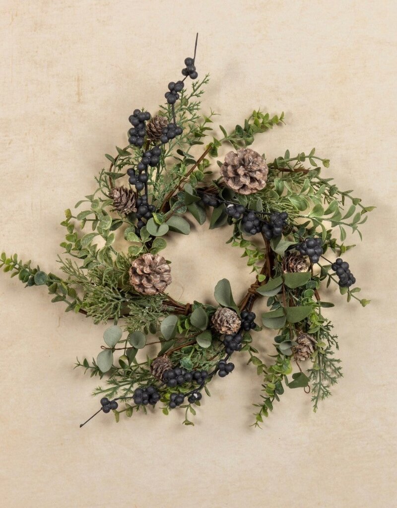 12" WINTER FOLIAGE & PINECONE CANDLE RING