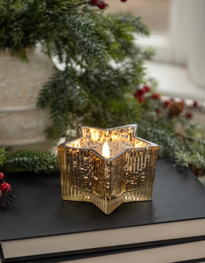 4.5" GOLD MERCURY GLASS STAR 3D FLAME CANDLE