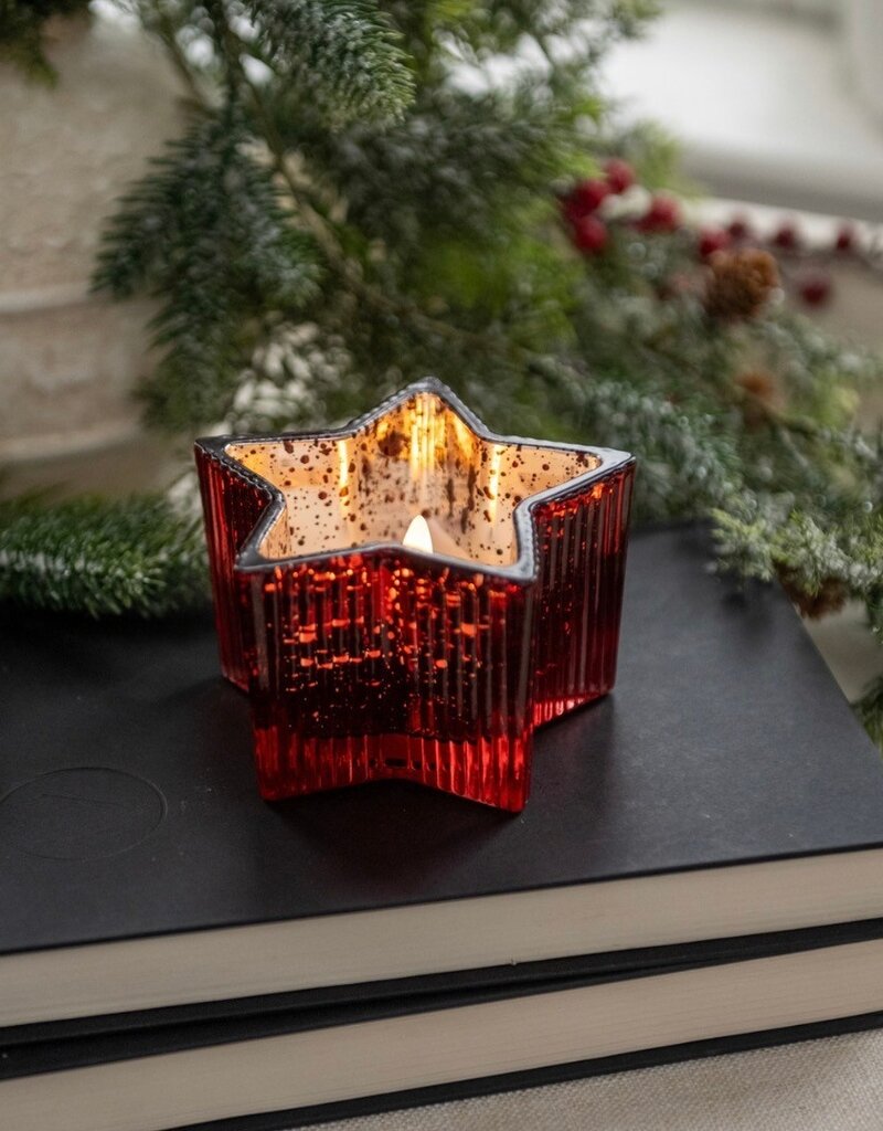 4.5" RED MERCURY GLASS STAR 3D FLAME CANDLE