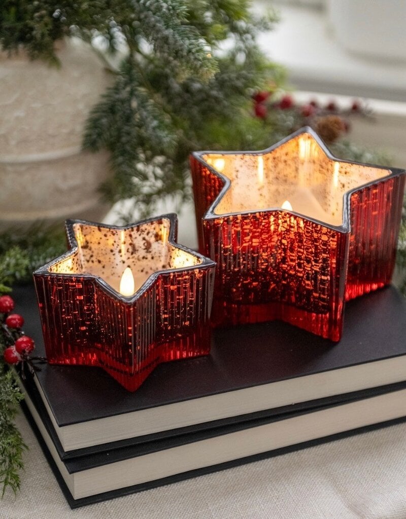 4.5" RED MERCURY GLASS STAR 3D FLAME CANDLE