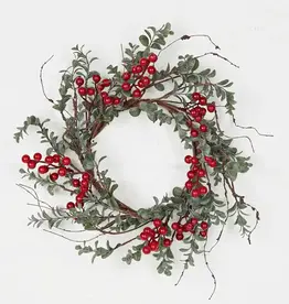 14" Wreath-vintage flocked boxwood w/red berries