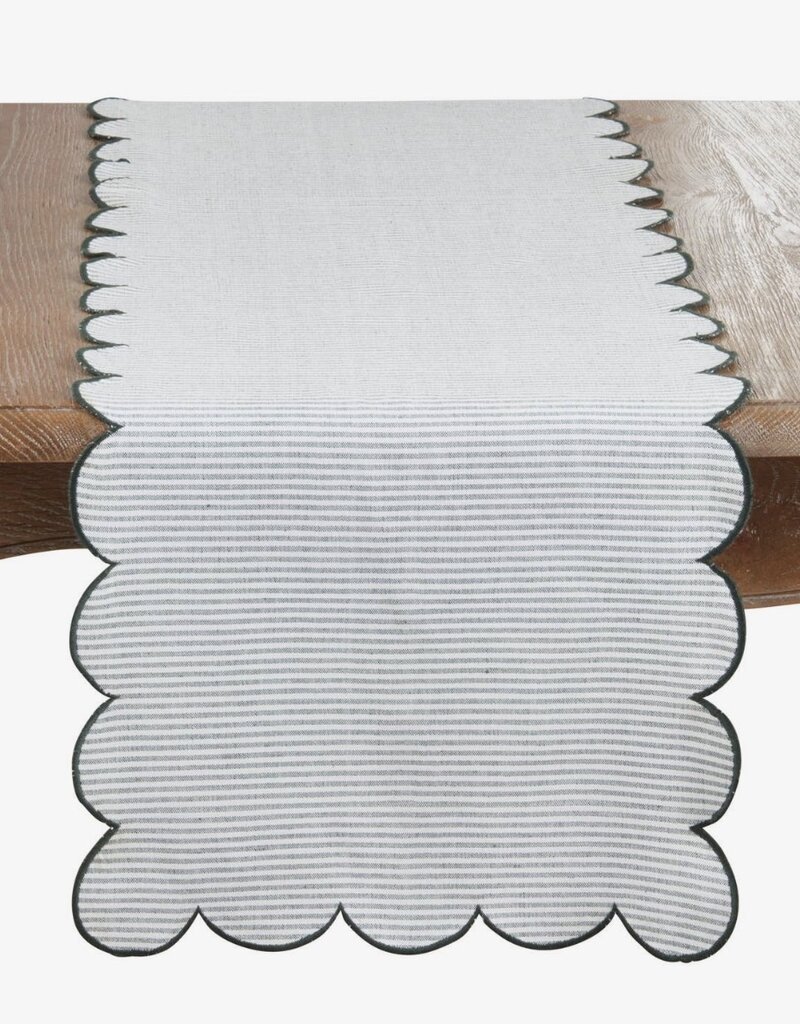 Cotton Striped Scalloped Table Runner, Green