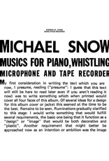 Song Cycle Snow, Michael: Music for Piano, Whistling, Microphone & Tape Recorder LP