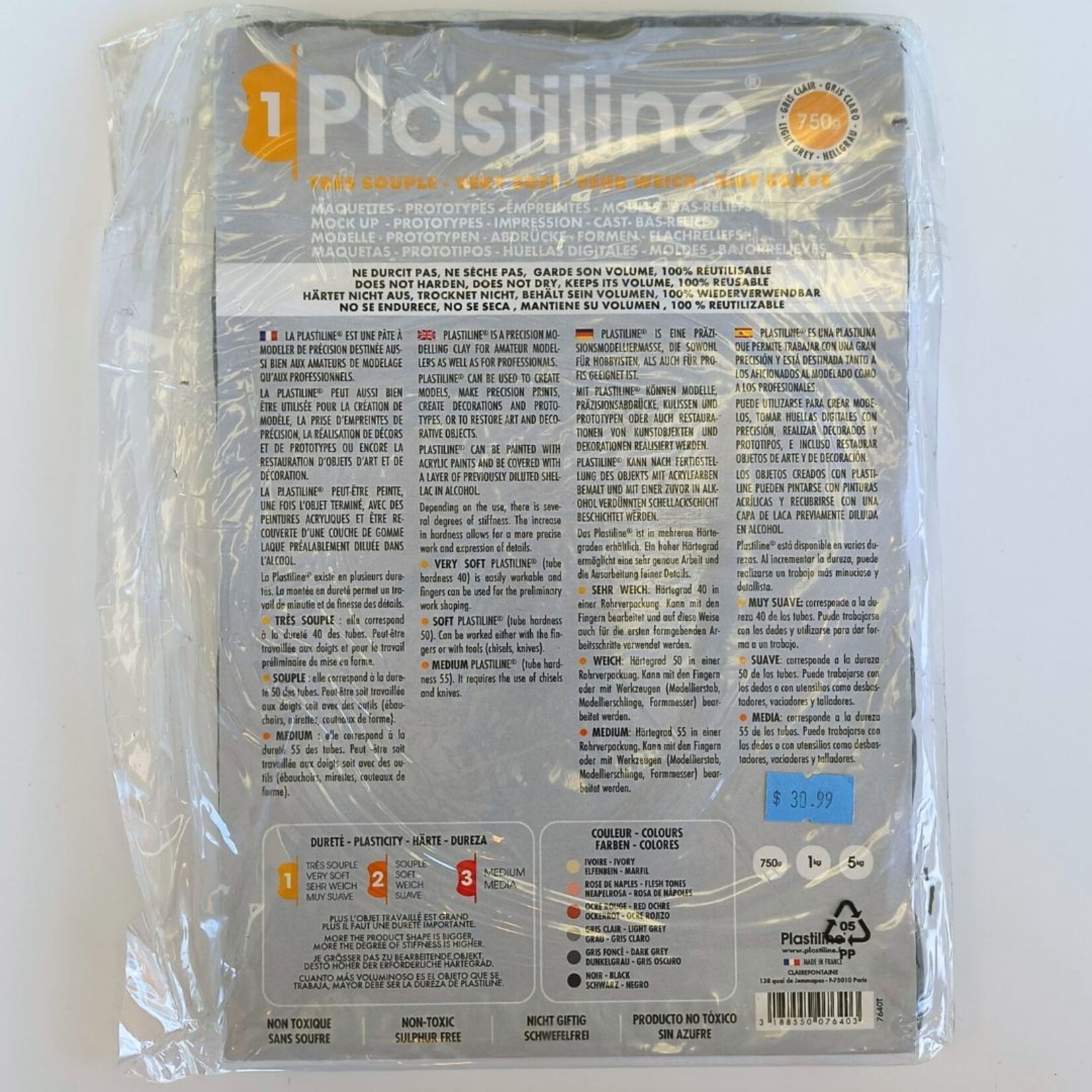 CLAIREFONTAINE PLASTILINE VERY SOFT 750G LIGHT GREY